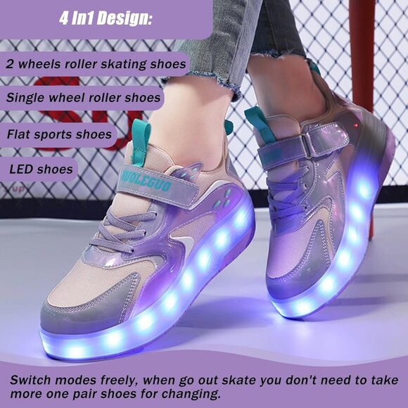 Kid's Girls Purple USB Chargable LED Lighting Roller Wheeled Skate Sneaker Shoes - Picture 5 of 6